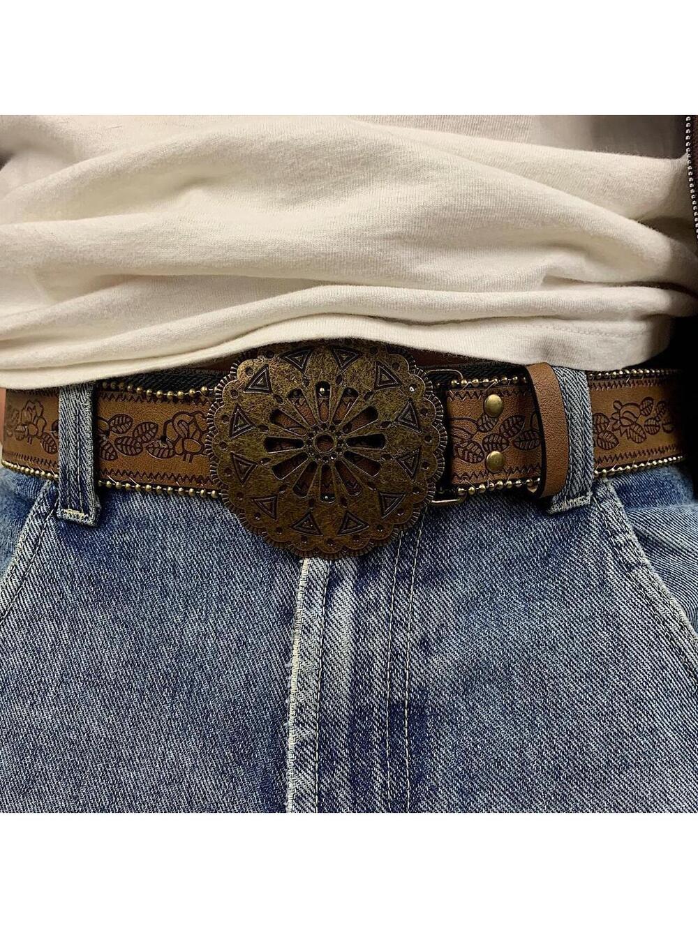 Y2k style American Western Belt Buckle vintage style floral gold beaded boho - Picture 5 of 8